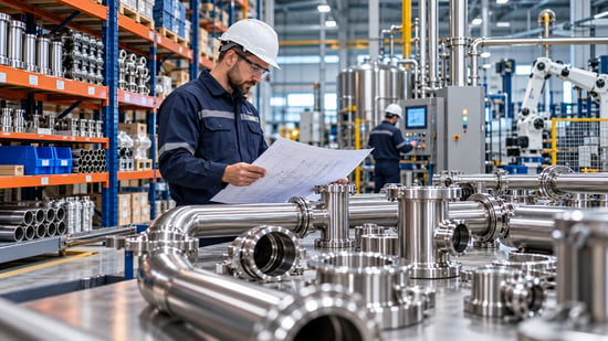 Industrial engineer reviewing technical blueprints alongside stainless steel piping and precision components in a modern manufacturing facility, illustrating industrial supply and fabrication services.