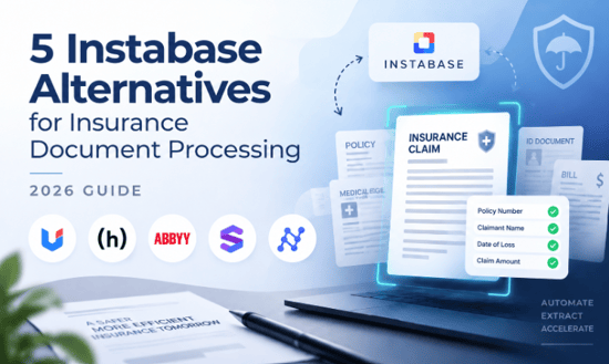 Graphic comparing five Instabase alternatives for insurance document processing, with insurance claim documents and automated data extraction on a laptop.