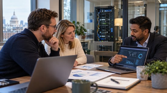 Cyber security specialist presenting threat-monitoring data to business leaders during a security review in a modern office.