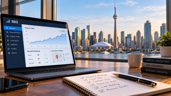 Laptop displaying SEO performance and local search analytics with the Toronto skyline and CN Tower in the background.