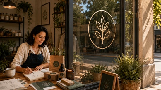 Botanical logo displayed on a local shop window while a small business owner sketches matching brand materials and packaging inside the store.