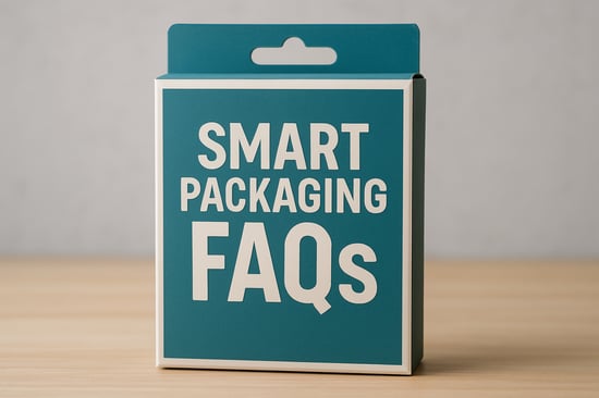 photographic Create retail packaging for a product with the words Smart Packaging FAQs on it
