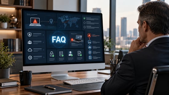 Business executive reviewing a cybersecurity FAQ dashboard showing lost laptop alerts, device security controls, data protection measures, and incident response procedures.