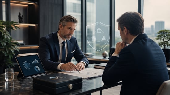 Wealth advisor discussing asset protection planning with a business owner, with financial documents and risk-protection visuals in a modern office.
