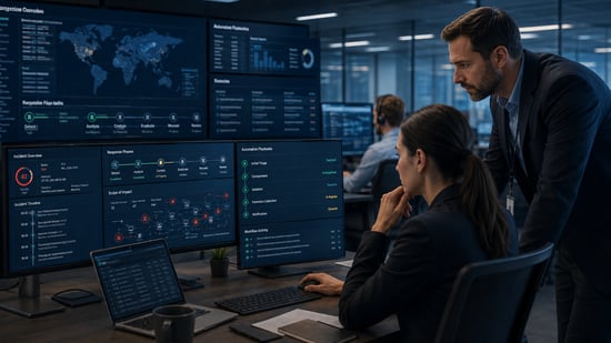 Security team reviewing automated containment actions and incident response progress across multiple cybersecurity monitoring dashboards.