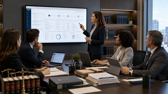 Law firm team reviewing new practice management software during an office meeting, with legal documents, laptops, and workflow dashboards on screen.
