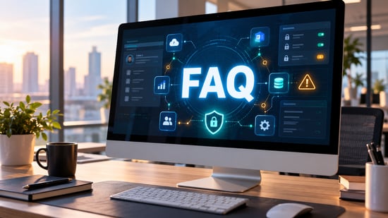 Desktop computer displaying illuminated FAQ letters on a cybersecurity dashboard, with CRM access controls, data protection icons, and security alerts representing sales technology risks.