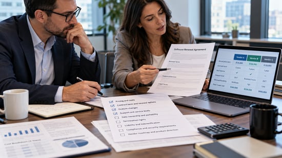 Business decision-makers reviewing software renewal contracts, comparing vendor pricing, service agreements, and cancellation terms before making a purchasing decision.