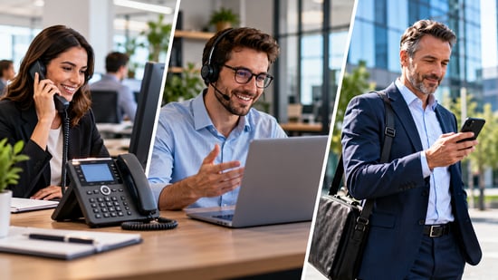 Three-panel image showing sales professionals using a VoIP desk phone, laptop softphone with headset, and mobile calling app, illustrating flexible business communication options for modern sales teams.