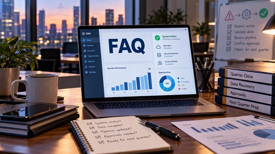 Laptop displaying a CRM recovery FAQ dashboard, with restored sales data, pipeline performance charts, and a quarter-end checklist following an IT system outage.