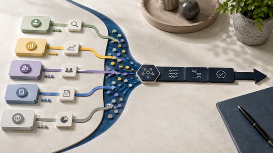Multiple business data streams converging into one coordinated AI workflow and unified action path.