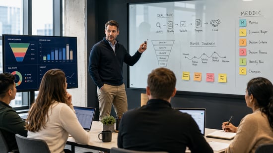 B2B sales trainer leading a MEDDIC sales training workshop, with a sales team reviewing deal flow, pipeline health, buyer journey, and qualification criteria.