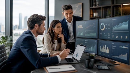 Financial advisory team reviewing wealth-management dashboards, client data, and performance analytics in a modern office.