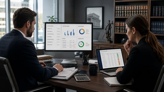 Law firm staff reviewing billing workflows, invoice status, and payment tracking dashboards during a practice management software transition.
