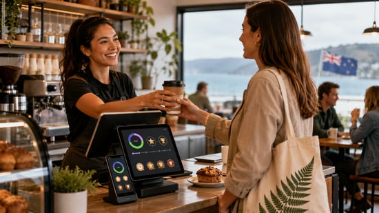 Barista serving a returning customer beside a café POS system displaying gamified loyalty progress and rewards.