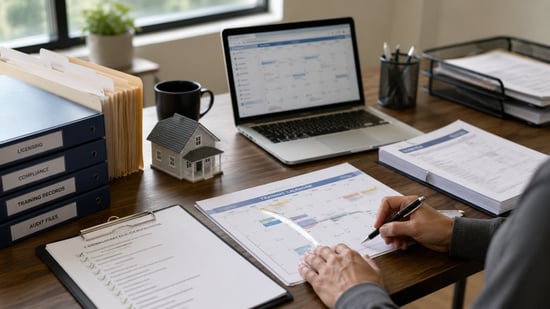 Mortgage compliance workspace with training calendar, licensing files, audit records, and continuing education documents being reviewed.
