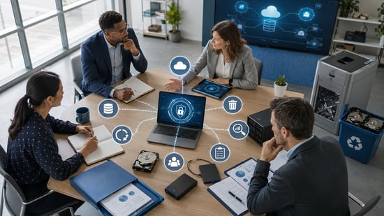 Business and IT team reviewing a comprehensive data protection framework with backup, recovery, access control, monitoring, and secure drive retirement processes.