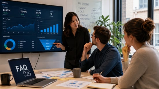 Startup team reviewing business analytics dashboards and key growth questions during a data-driven planning meeting