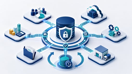 Business data systems connected through a secure central data hub with protected access, cloud storage, operations, and recovery.