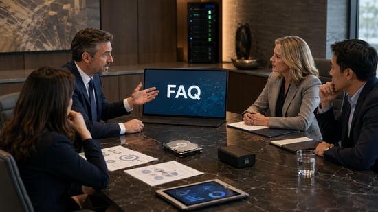 Business decision makers discussing hard drive lifecycle management around a laptop showing “FAQ,” with storage hardware, security-related devices, and planning documents on the table.