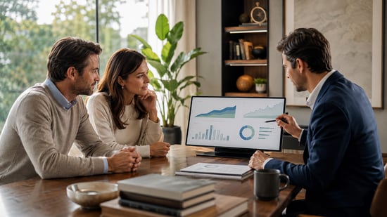financial advisor meeting with a couple and reviewing their financial information