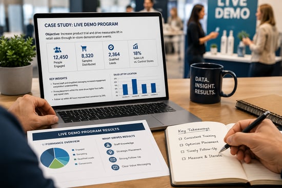Marketing team reviewing live demo case study results, qualified lead metrics, and sales lift data after a product demonstration event.