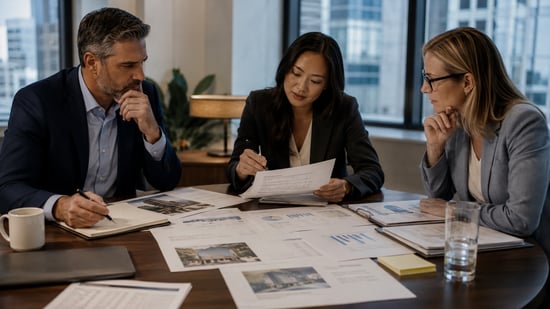 Commercial borrowers and advisers reviewing refinancing documents, property information, and financial projections around a conference table.