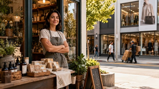 Confident local shop owner standing outside her boutique storefront, with handmade products displayed in front and larger retail stores visible across the street, illustrating local brands competing in a busy commercial area.