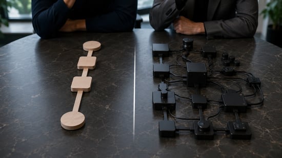Simple wooden pathway beside a dense network of interconnected devices, illustrating the difference between an easy-to-change option and one with higher switching complexity.