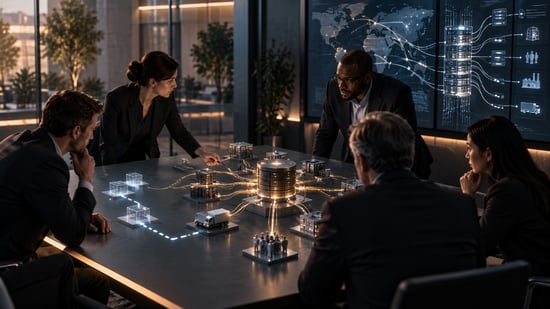 Business leaders reviewing a visual model of interconnected systems and operational dependencies around a central technology platform.