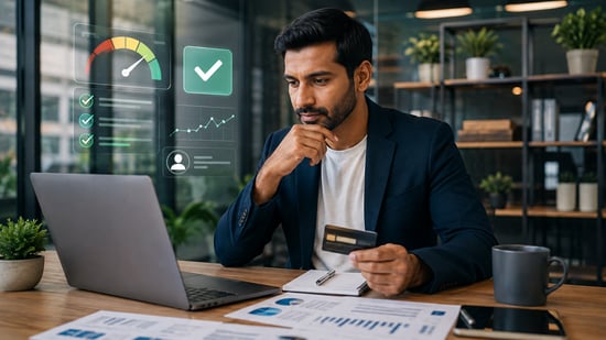 Entrepreneur reviewing credit pre-approval information, credit score indicators, and business finances while holding a credit card at a laptop.