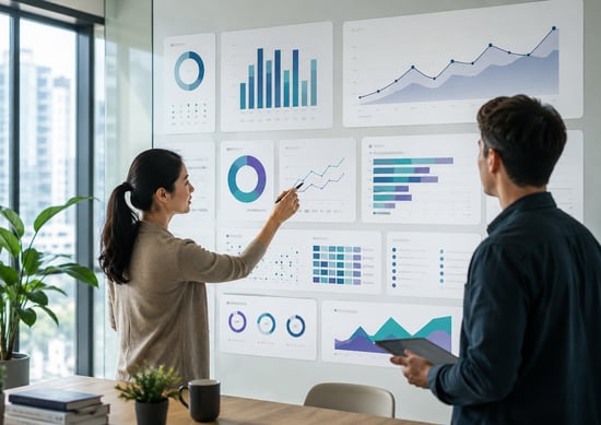 Analyst and business manager reviewing clean dashboard visualizations on a glass wall, comparing charts, trends, and report layouts for clearer decision-making