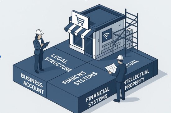 an e-commerce business foundation showing legal structure, business accounts, financial systems, and intellectual property supporting an online store.