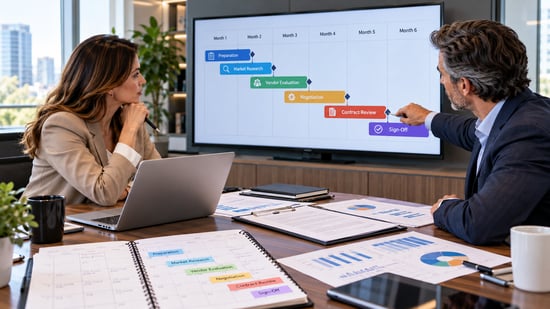 Business leaders reviewing a six-month software contract renewal timeline, including vendor evaluation, market research, negotiation, contract review, and final approval.