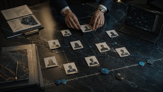 Business professional arranging executive profile cards and stakeholder connections to map a company’s changing decision structure.
