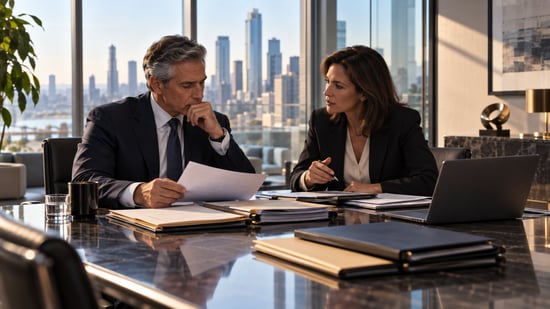 Executives reviewing workplace documents and discussing next steps during a private meeting in a high-rise office.