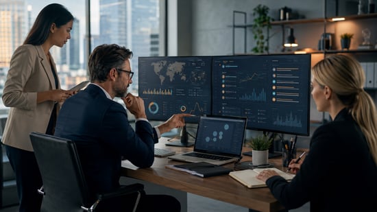 advisory team analysing planning dashboards, projections, and financial data across several screens