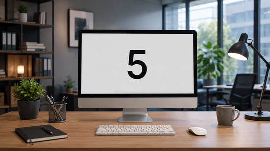 Modern office desk with a desktop computer monitor displaying the number 5 on screen, surrounded by workspace items and natural light.