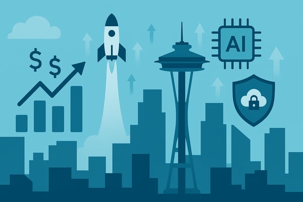 Flat illustration of Seattle skyline with charts, rocket, AI chip and cloud security shield, representing Washington tech funding momentum