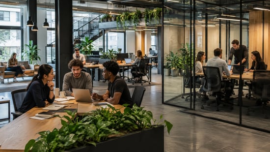 Startup team working in a flexible coworking space with shared desks, private meeting rooms, and room to scale as the team grows.