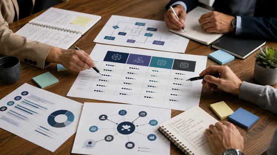 Business team comparing AI orchestration options using workflow diagrams, evaluation criteria, and performance data.
