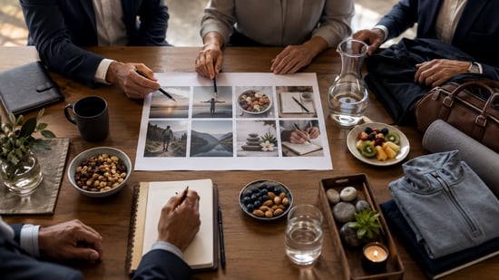 Executives gathered around a table reviewing a wellness and work-balance plan with healthy snacks, water, and notebooks.