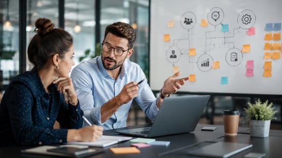 HubSpot consultants discussing CRM processes, reporting, integrations, and workflow automation during a client planning session.