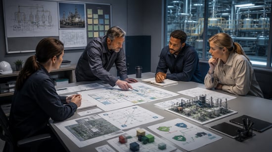 Industrial operations team reviewing facility plans, network security controls, and recovery procedures.