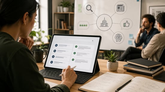 Startup team reviewing credibility questions and answers alongside visual indicators for search visibility, media coverage, customer reviews, and AI discovery.