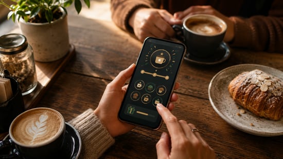 Café customer checking loyalty badges, reward progress, and achievement milestones on a smartphone while enjoying milestones on a smartphone while enjoying coffee and a pastry.