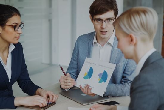Business professionals reviewing financial performance charts during a meeting, assessing company growth, profitability, and investment resilience.