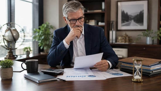 Business owner reviewing retirement income projections, financial reports, and long-term planning documents at a desk.