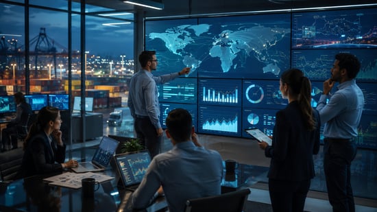 Business team reviewing predictive analytics dashboards and global market signals in a modern office, using data to anticipate risks and opportunities.