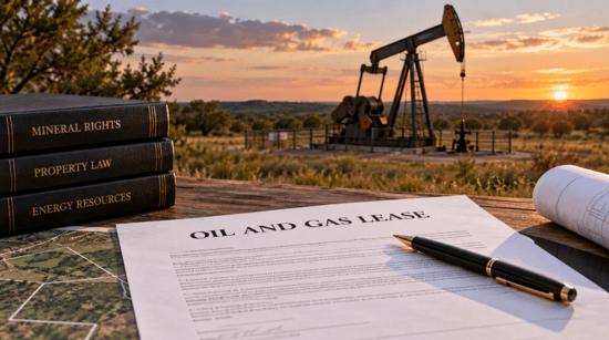Oil pumpjack operating in a rural field at sunset, representing mineral rights and oil and gas leasing.